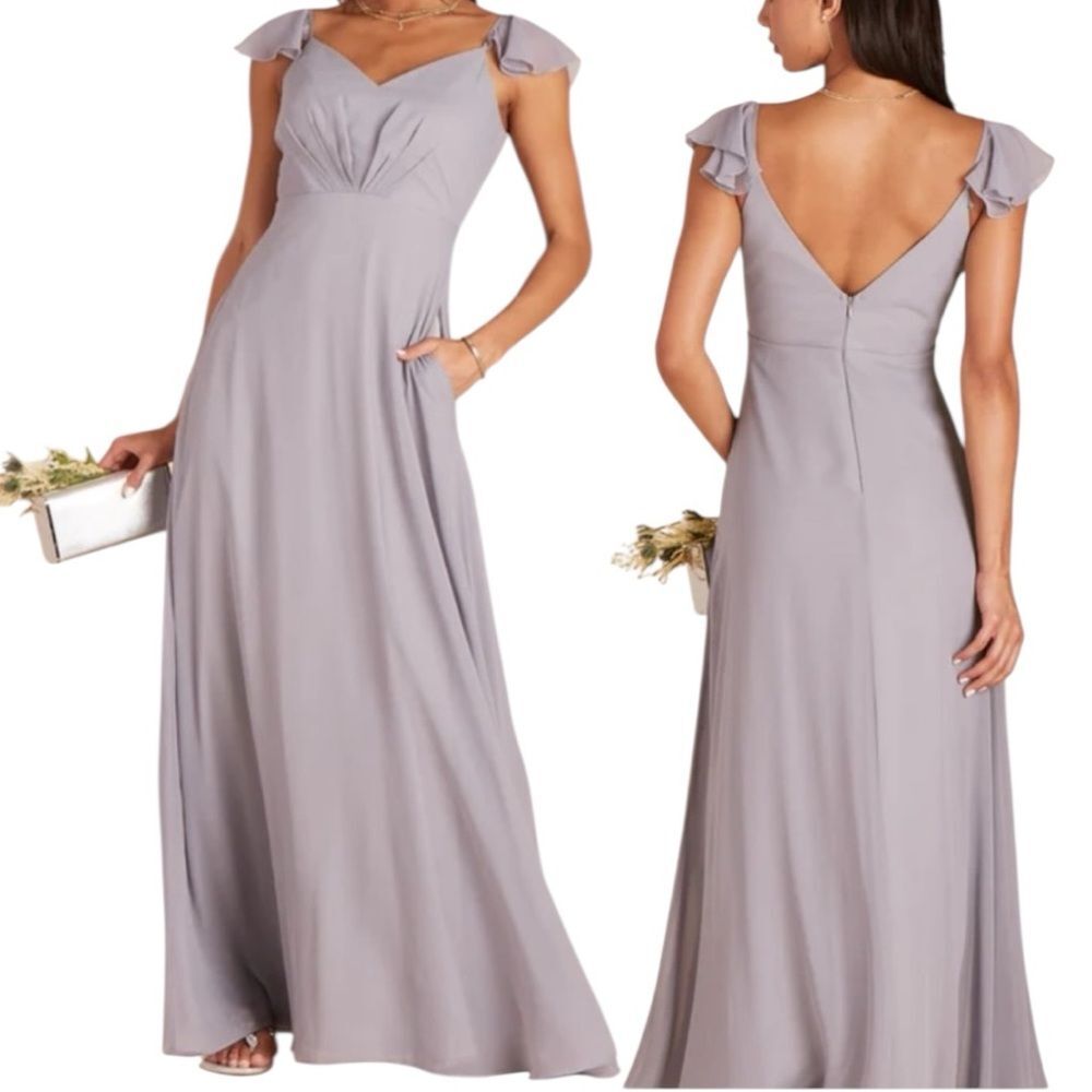 NWT Birdy Grey Silver Kae Chiffon Full Length Flutter Sleeve - Picture 2 of 8